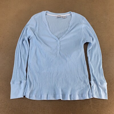 Extra Touch Women's Size 3X Fitted Light Blue Rib Knit Long Sleeve Henley Tee