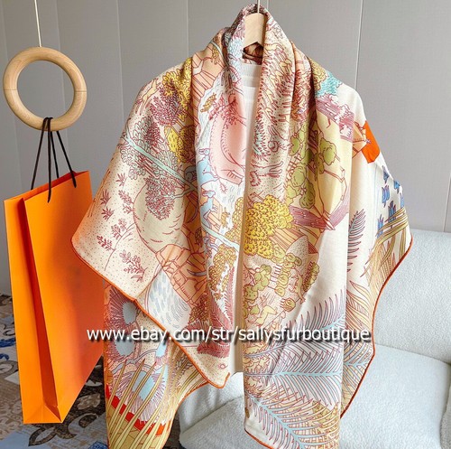 Sally Cashmere & Silk Wrap Scarf Animals Print Double Face Shawl Hand Rolled 53" - Picture 10 of 38