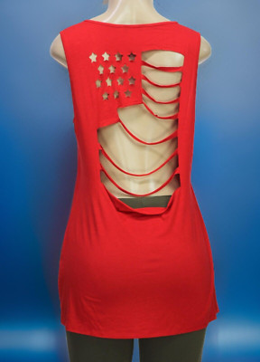 Venus Women's Cut Up USA Flag Top Tank Stretch Sleeveless Red Size L
