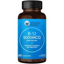 Vitamin World B-12 5000mcg Sublingual 60 Microlozenges Energy Heart Support