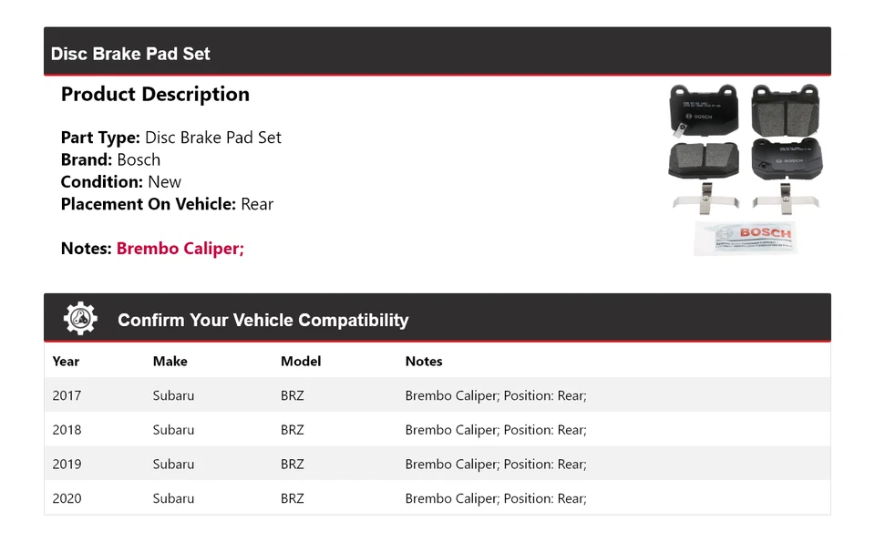 Задние керамические тормозные колодки QuietCast для Subaru BRZ Bosch 2017-2020 годов выпуска 2018 2019 годов выпуска - Изображение 2 из 4