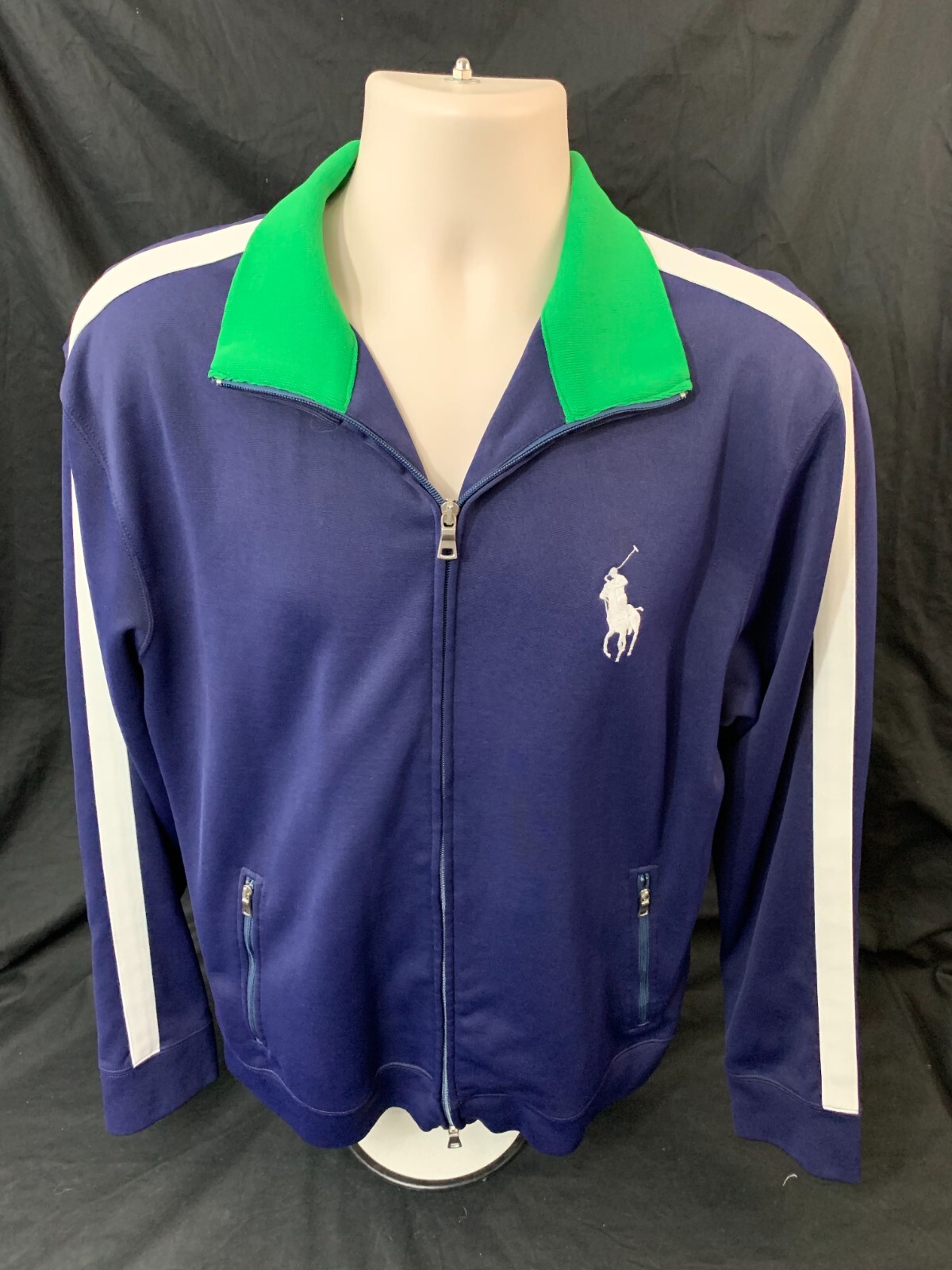 Giacca Vintage Polo Ralph Lauren Grande Pony Zip Anteriore Cotone Poli Blu L Ottime Condizioni