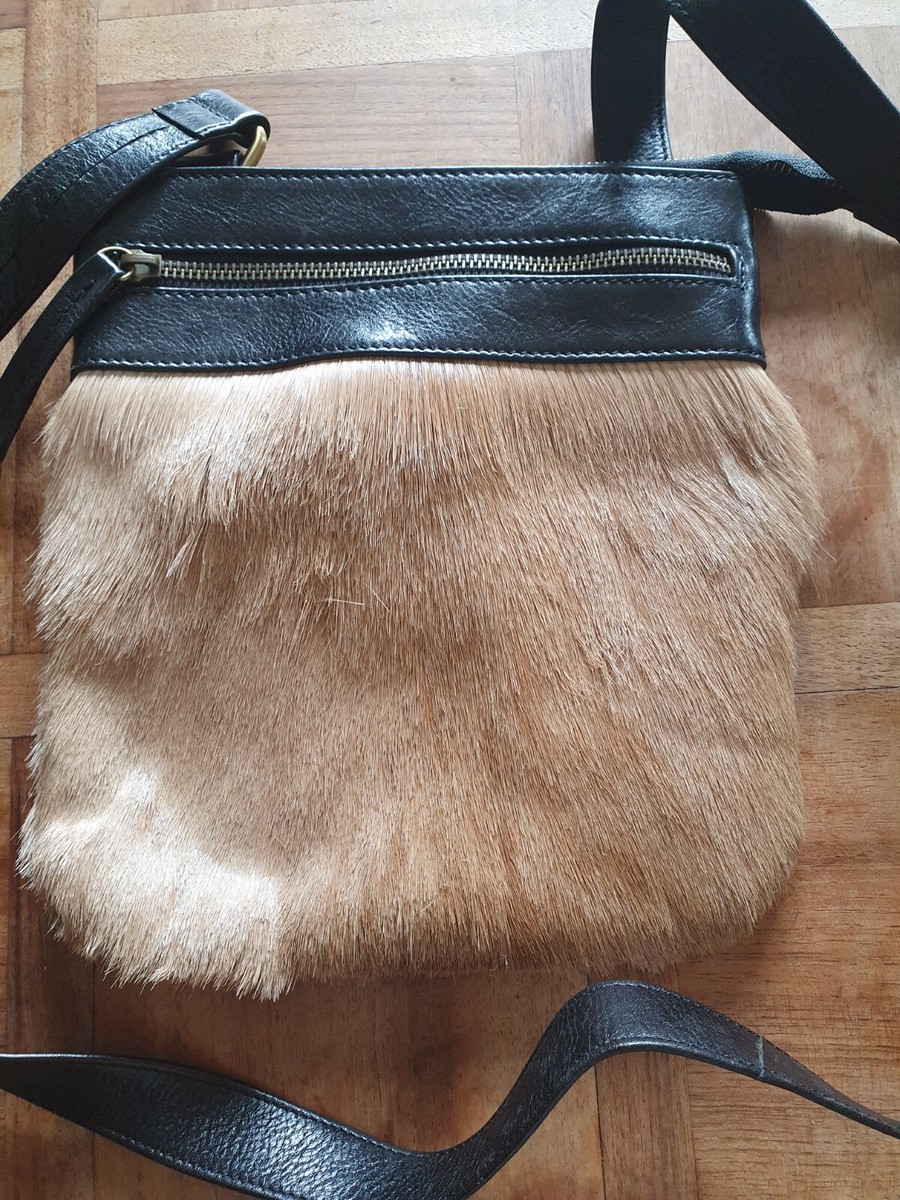 Sac Besace FREDERIC T - Cuir Et Fourrure Rase, Marron Clair - Occasion TBE