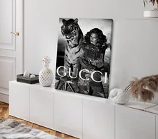 Fashion Girl with Tiger B&W Stretched Canvas 40x50cm Print