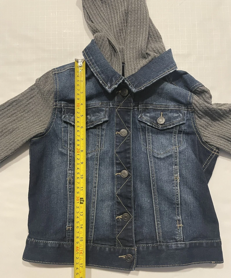 MUDD Niñas Talla 14 Azul Gris Denim Jean Chaqueta Abrigo Abotonado con Capucha Foto 4 de 4
