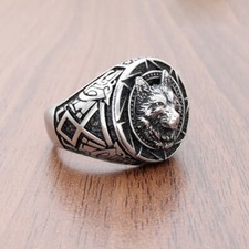 Vintage Viking Wolf Head Ring Stainless Steel Tribal Totem Men's Biker Punk Ring