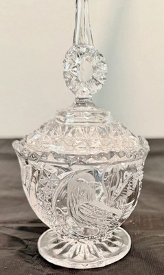 Vintage Cut Crystal Lidded Candy Dish Bird Motif Finial Brilliant 1950-70s
