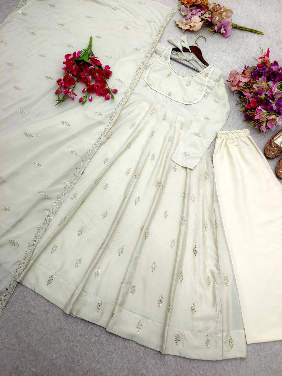 Presenting Pure Chinon Silk Off White Gown Bottom With Dupatta For Women Wear thumbnail 4