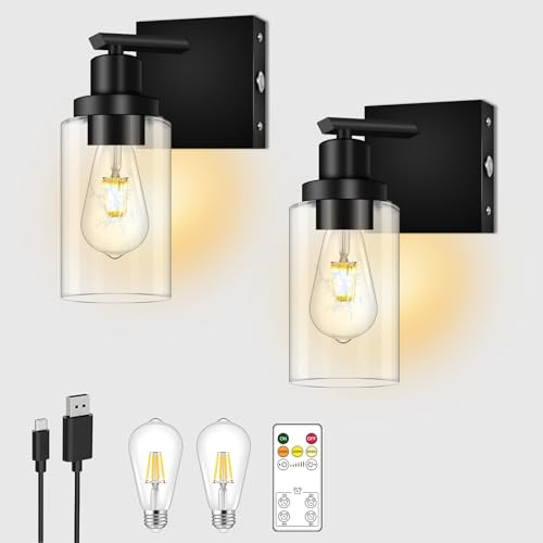 Dimmable Battery Operated Wall Sconce Set of 2, Black Wireless Rechargeable W...