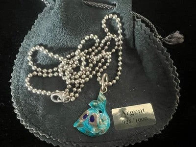 🔴 Collana ARGENTO MASSICCIO 925 con ciondolo pesce smalti azzurri vintage - Immagine 2 di 4