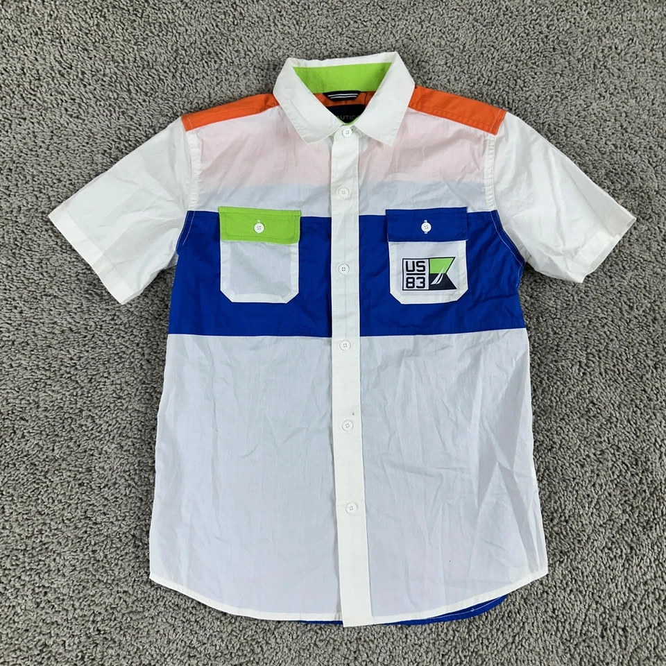 Nautica Shirt Boys Medium 10/12 White Blue Colorblock Button Down Short Sleeve - Image 2 of 4