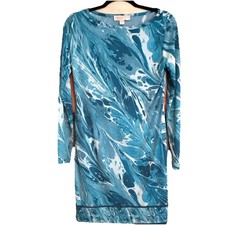 Michael Michael Kors Women's M Blue/White Abstract Round Neck Shift Short Dress