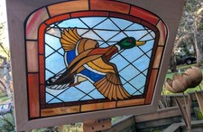 VTG Stained Glass Art Mallard Duck Window Panel 25"X29" Frame Mounted *READ!