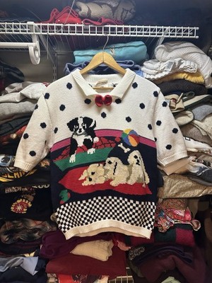 Vintage Susan Bristol Grannycore Chunky Knit Playful Dog Themed Sweater