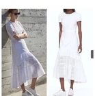 Banana Republic dress White Eyelet Short Slv Ruffled Lined Midi Hi Lo Hem sz  12