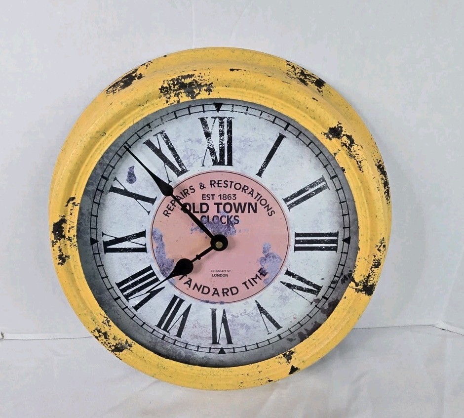 OLD TOWN Repairs & Restorations 14.5" WALL CLOCK Standard Time Yellow