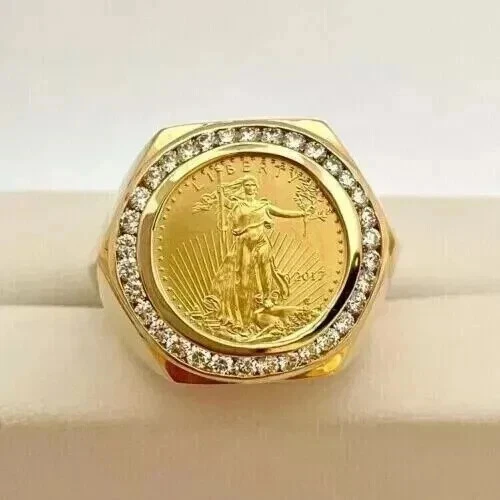 2.00Ct Round Cut Lab Created Liberty Coin Men's Ring 14k Yellow Gold Plated