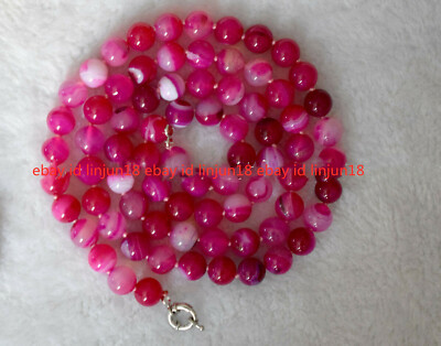 Natural 8mm Pink Striped Agate Onyx Gemstone Beads Necklace 36