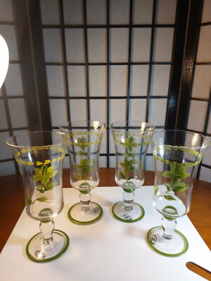 4 The Cellar Hand Painted Wine Glasses Green Vines Water Goblets 8.25'' Tall