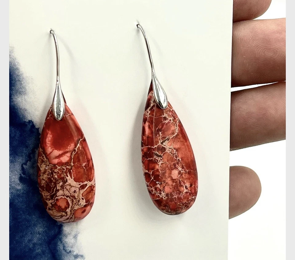 Pendientes colgantes lágrima piedra natural jaspe sedimento mar rojo Foto 2 de 2