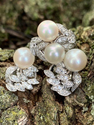 Tiffany & Co 18K Art Deco Diamond Pearl Olive Leaf Garland Earrings Ring SET LOT - Picture 12 of 24
