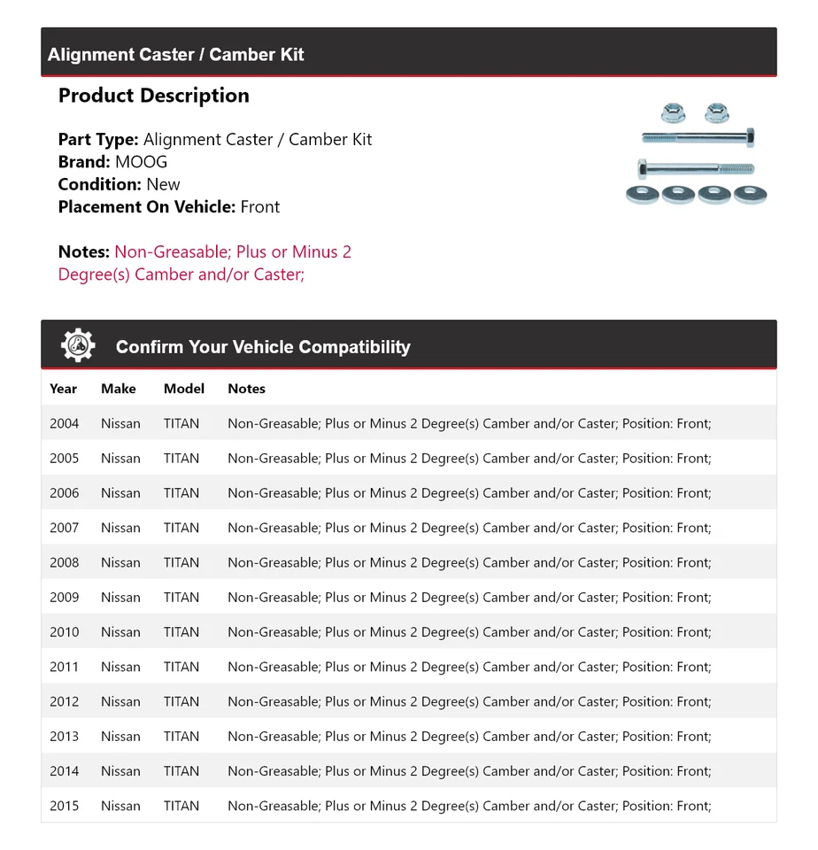 Kit de rueda de alineación/camber delantero MOOG 2004-2015 Nissan TITAN 2004 2005 Foto 2 de 4