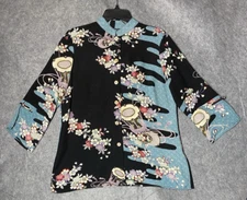 Citron Santa Monica Blouse Womens Medium Black Floral Asian Inspired 100% Silk