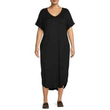 Terra & Sky Women's Midi V-Neck Black Knit T-Shirt Dress Short Sleeve 1X