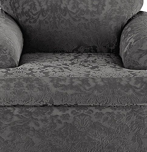 SureFit Stretch Jacquard Damask 2 Piece T Cushion Chair Slipcover in Gray