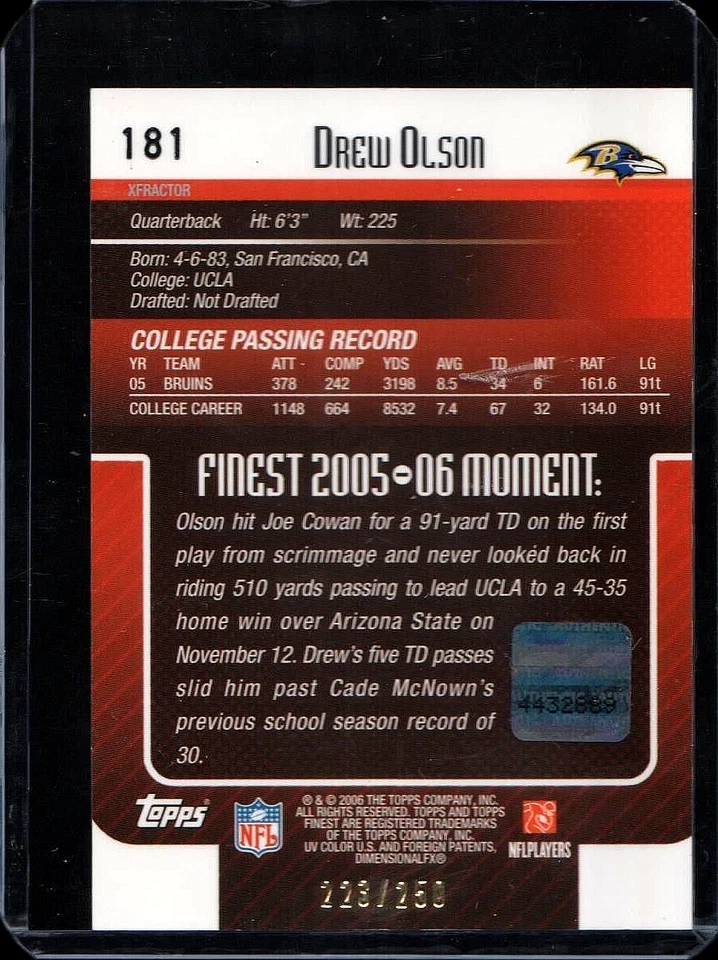 Drew Olson (Ravens) 2006 Topps Finest Red XFractor RC Autograph 223/250 Mint+ - Image 2 of 2