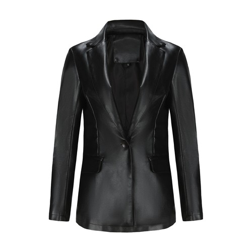 Women Faux Leather Jacket Slim Fit Coat Lapel Collar Long Sleeves Blazer Outwear - Picture 18 of 22