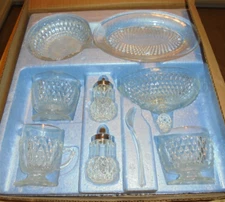 Vintage Indiana Glass Diamond Point 9 Piece Dining Service Set with Box 7313