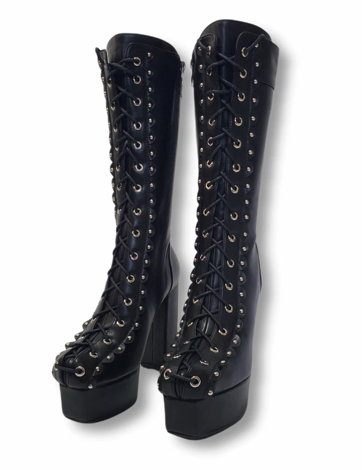 Mujeres Negro Gótico Tacón Alto Botas Plataforma Tachonado Corsé Combate Grueso Punk Foto 2 de 4