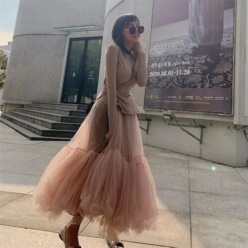 Women Fairy Tulle Skirt Elastic High Waist Mesh Skirts Long Pleated Tutu Skirt  - Bild 4 von 18