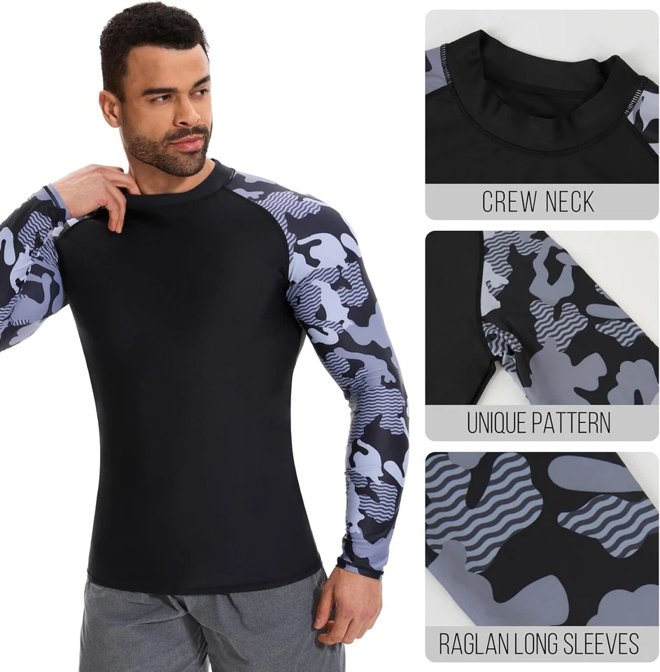 Mens UPF 50+ Sun UV Protection Compression Shirt Long Sleeve Swim Shirts Outdoor - Image 3 of 4