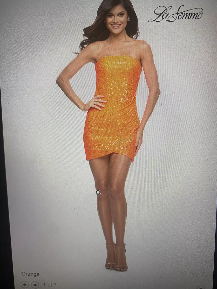 Formal Homecoming Dress LA FEMME 30214 Orange Short Sequins Size