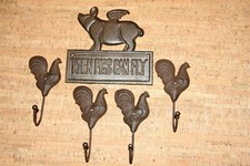 Farmhouse Mudroom Rooster Wall Hooks, Rustic Cast Iron