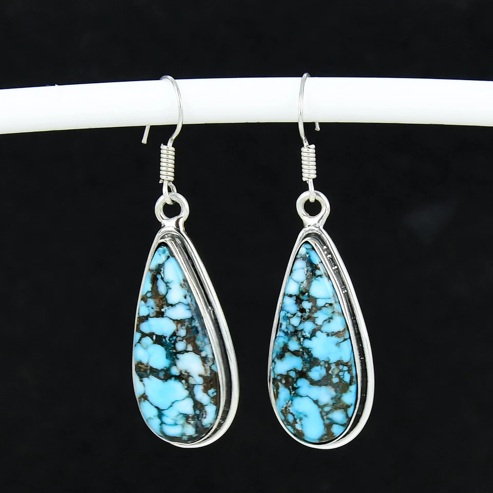 Natural Turquoise Gemstone 925 Sterling Silver Handmade Jewelry Earrings Gift - Image 4 of 4
