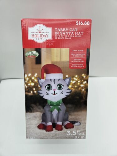 Holiday Time Tabby Cat In Santa Hat Inflatable Light Up 3.5 Ft Christmas Decor