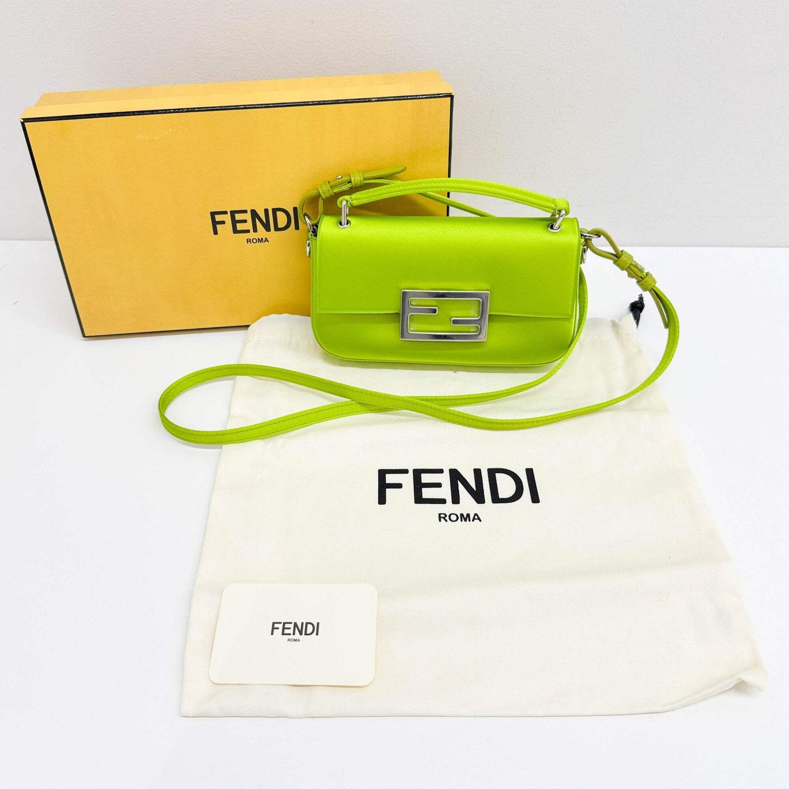 FENDI Mini Baguette Green Satin Two Way Bag thumbnail 4
