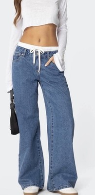 NEW Edikted Boxer Detail Low Rise Baggy Wide Leg Jeans Womens Sz Large (8) NWT
