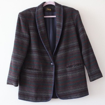 David Paul New York Vintage Wool Blend Geometric Stripe Shawl Blazer Green M