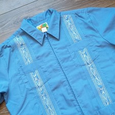 The Genuine Haband Guayabera Short Sleeve Zipper Shirt Cuban Blue Embroidered L