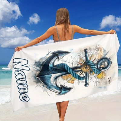 1pc Custom Name Beach Towel, Anchor Map Background Print Beach Towel, Super Ab
