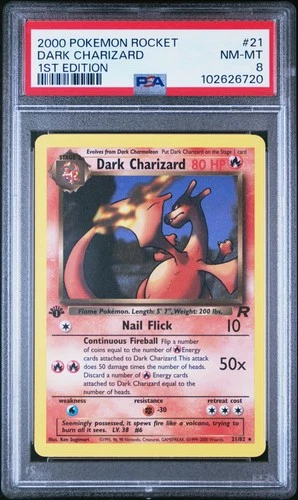 2000 POKEMON ROCKET 1ST ED #21 DARK CHARIZARD PSA 8