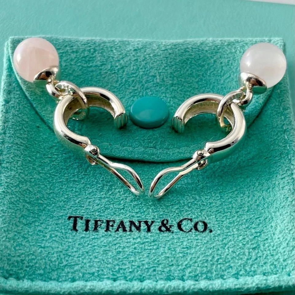 Authentic Tiffany & Co. Rose Quartz Door Knocker Ball Earrings Silver 925 VB6fe - Image 4 of 4