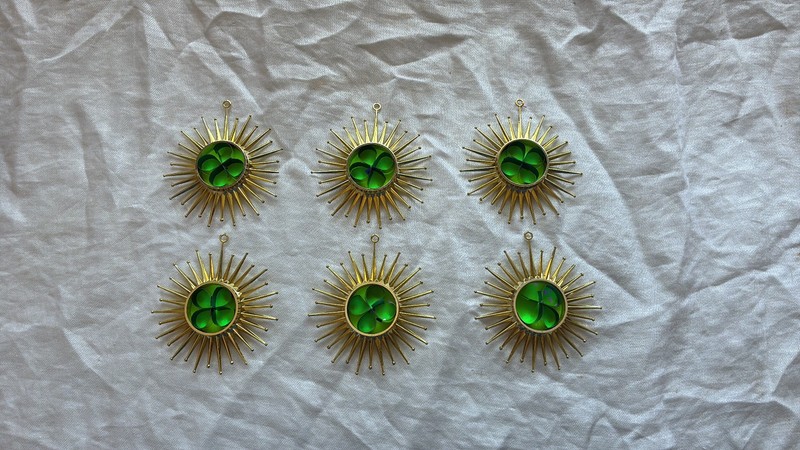 Lot of 6 1968 Panaura Green Gold Starburst Plastic and Foil Christmas Ornaments