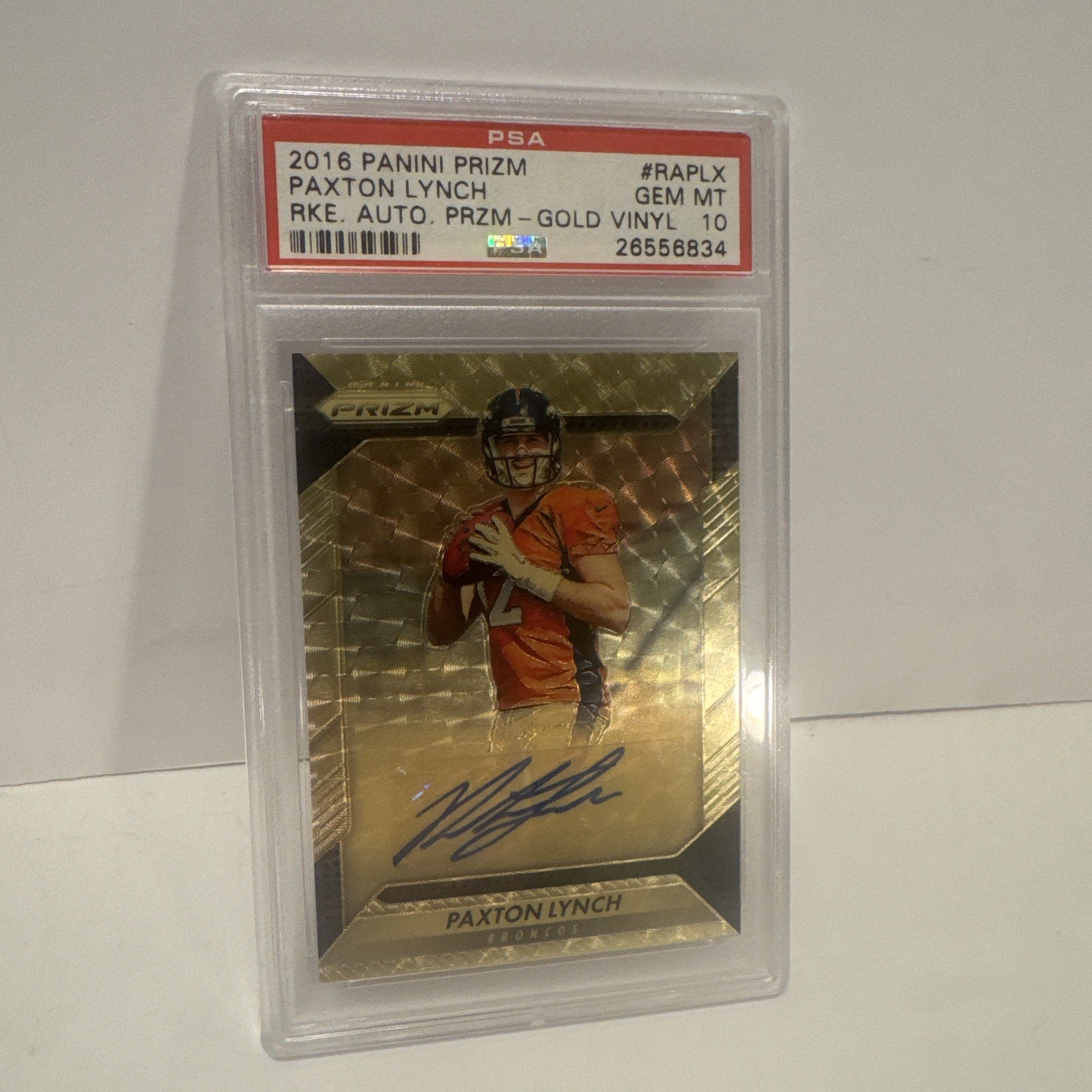 Paxton Lynch Panini Prizm Rookie Autograph Prizm #RAPLX Gold Vinyl