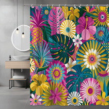 Tropical Floral Shower Curtain Colorful Jungle Leaves and Flowers