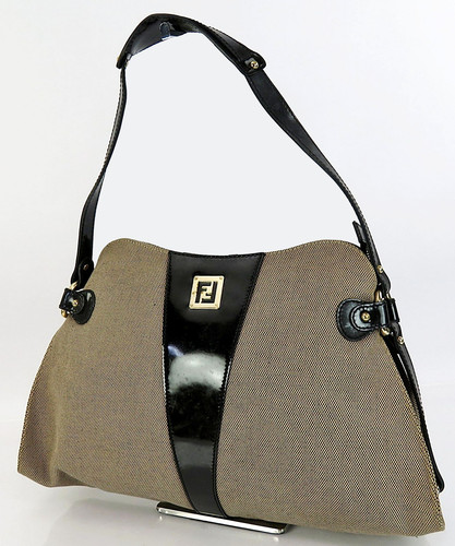 Authentic FENDI Beige Canvas and Black Leather Shoulder Bag Purse #64771